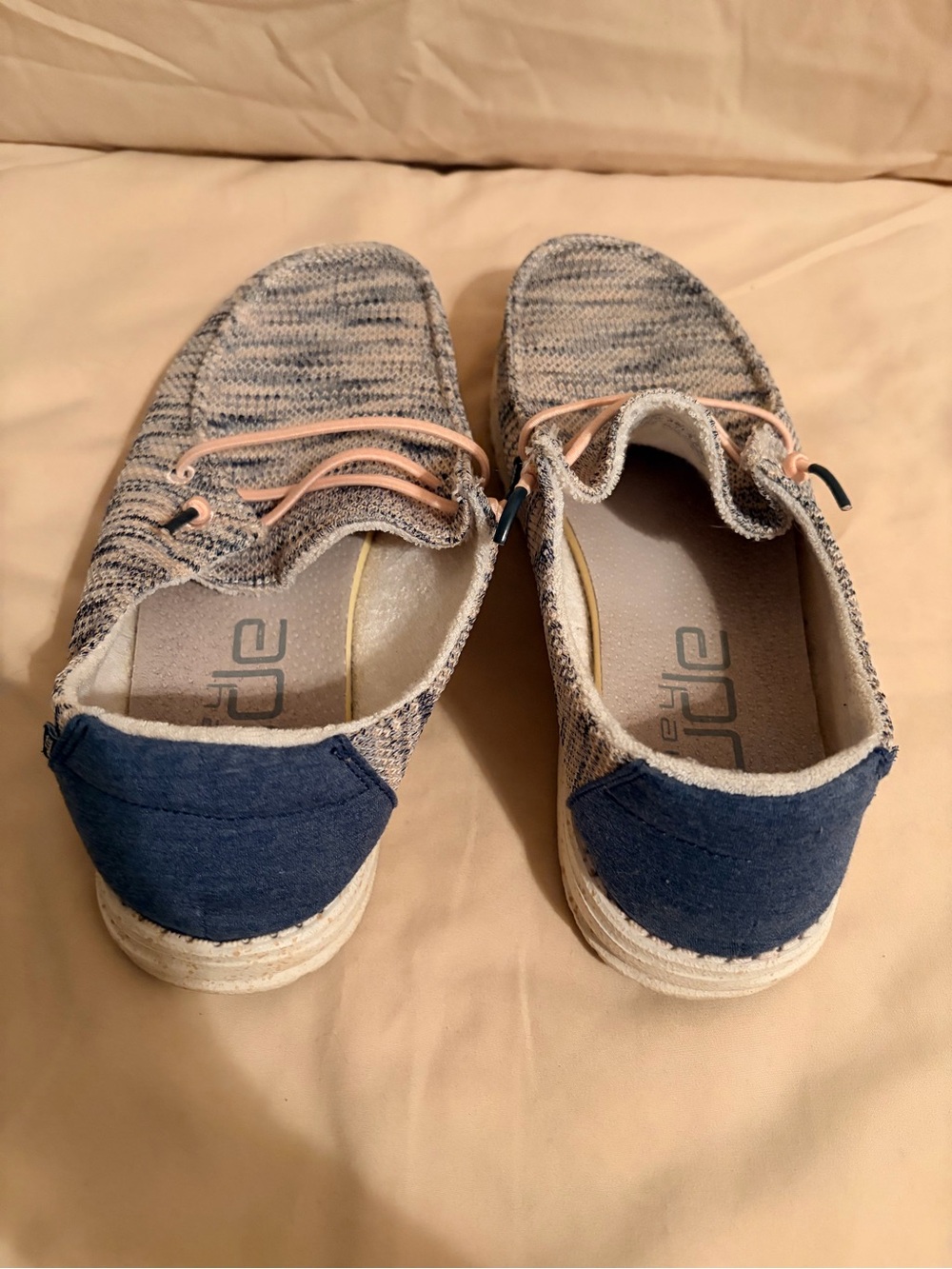 Hey Dude Knit Slip-On Loafers in Beige and Navy with Peach Laces - Picture 2 of 4